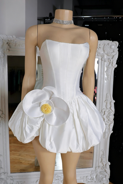 Strapless Corset Bubble Mini Dress with 3D Flower