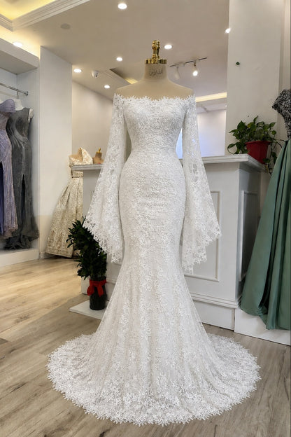 Lace Off-the-Shoulder Bell Sleeve Mermaid Wedding Gown