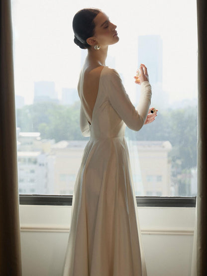 Minimalist Bateau Neck Long Sleeve A-Line Wedding Dress