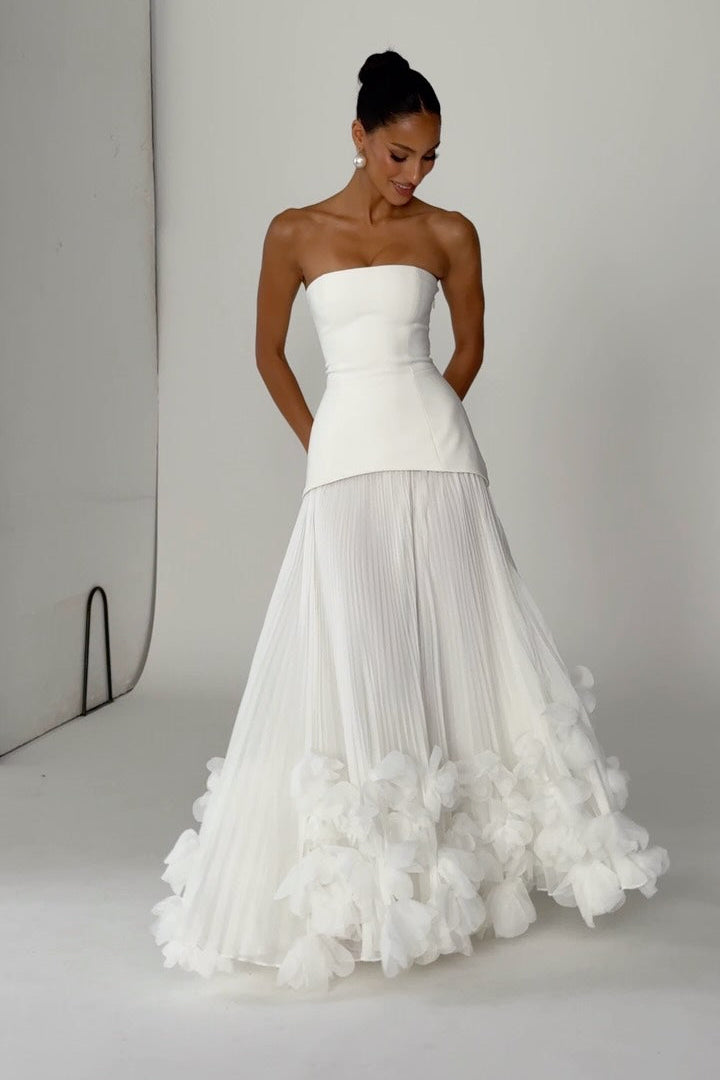 Strapless Pleated Gown with 3D Floral Hem