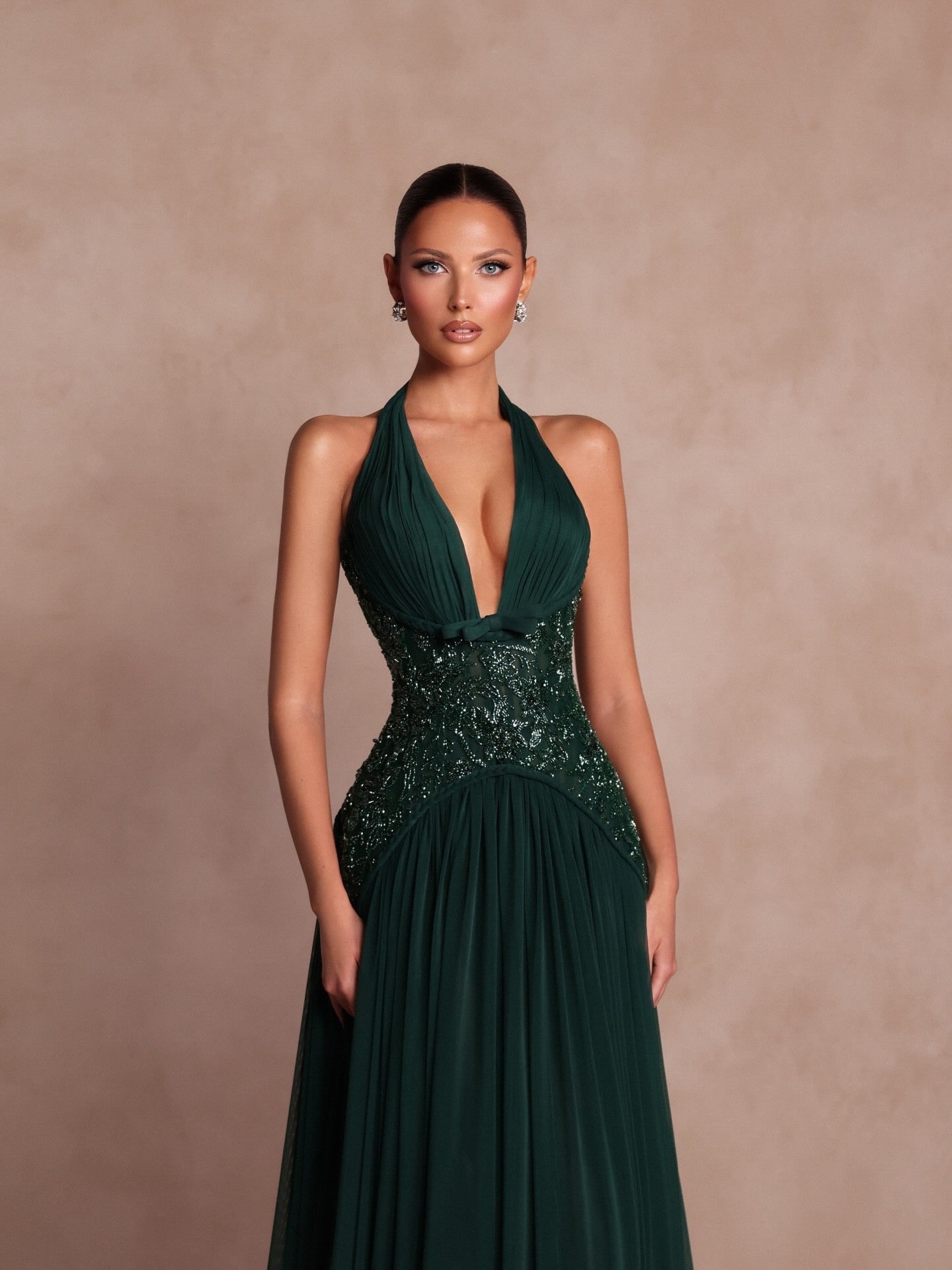 Halter Deep V-Neck Pleated A-Line Evening Gown