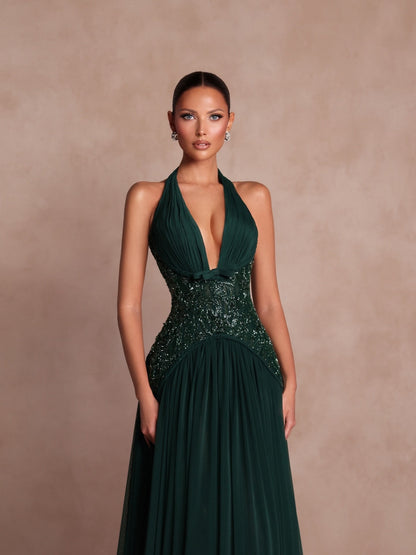 Halter Deep V-Neck Pleated A-Line Evening Gown
