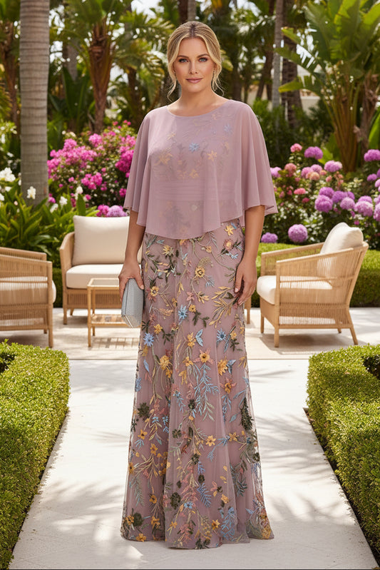 Embroidered A-Line Evening Gown with Sheer Cape