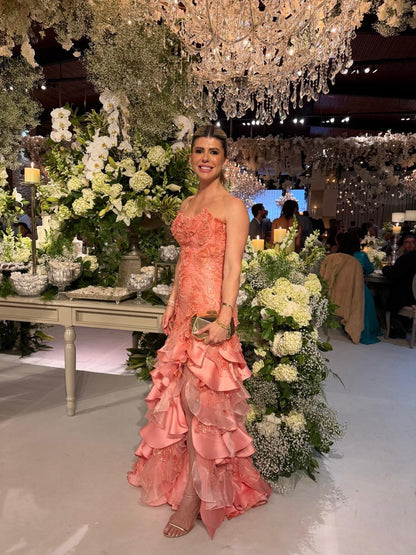 Strapless 3D Floral High-Slit Ruffle Evening Gown