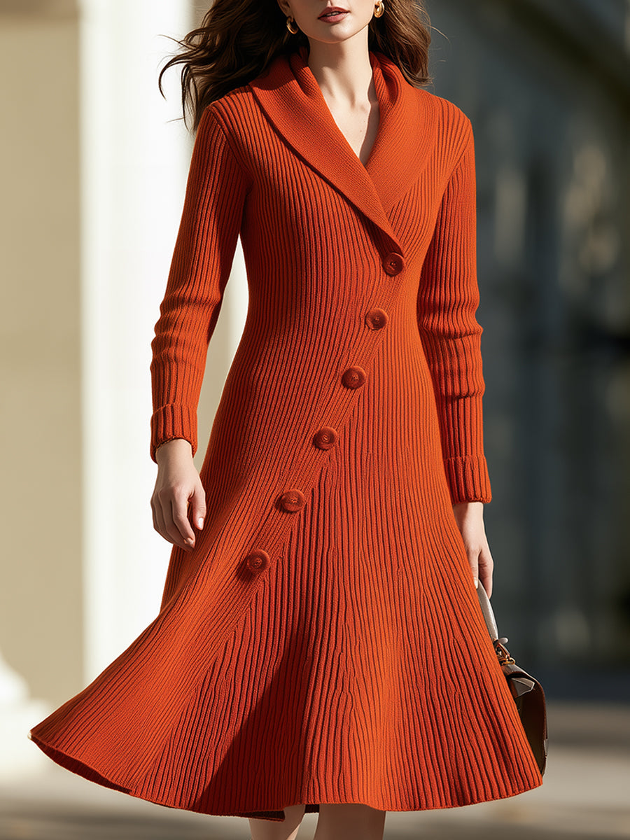 Ribbed Knit Shawl Collar Asymmetric Button Midi Dress