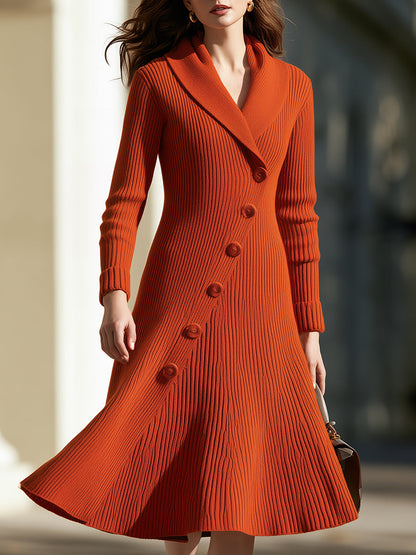 Ribbed Knit Shawl Collar Asymmetric Button Midi Dress
