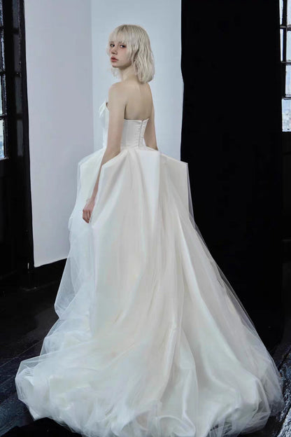 Asymmetric Strapless Tulle Ball Gown Wedding Dress