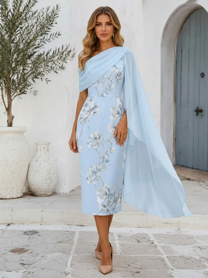 One-Shoulder Floral Midi Dress with Cape Detail