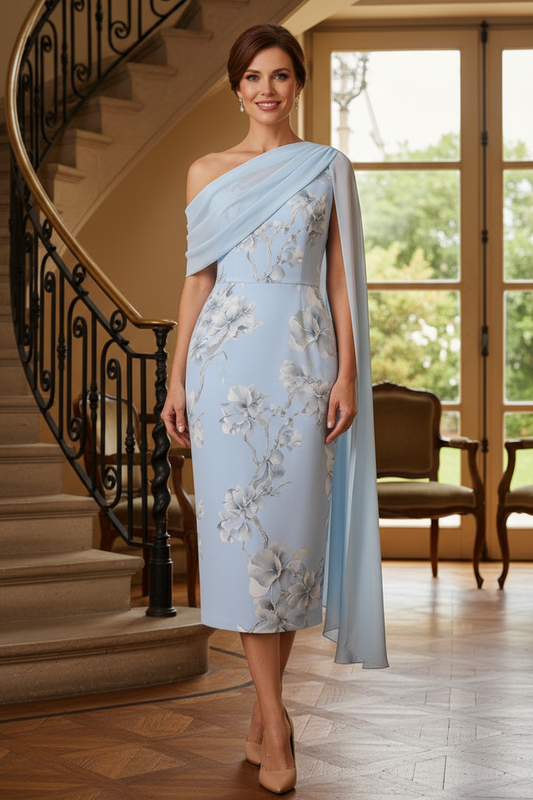 One-Shoulder Floral Midi Dress with Cape Detail
