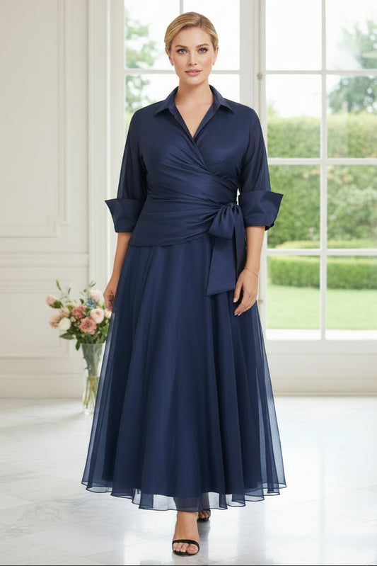 Navy Blue Satin & Organza Wrap Top Midi Dress – Plus Size Mother of the Bride Gown