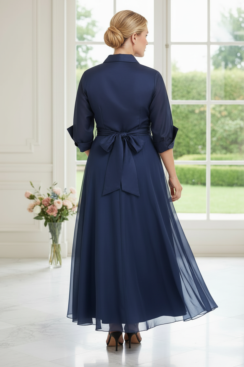Navy Blue Satin & Organza Wrap Top Midi Dress – Plus Size Mother of the Bride Gown