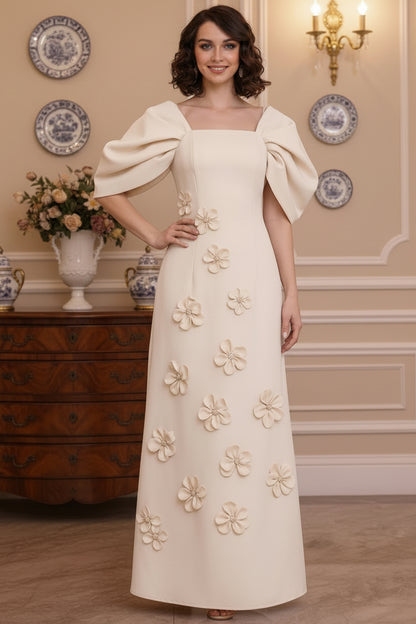 Elegant Champagne A-Line Mother of the Bride Dress with Puff Sleeves & 3D Floral Appliques