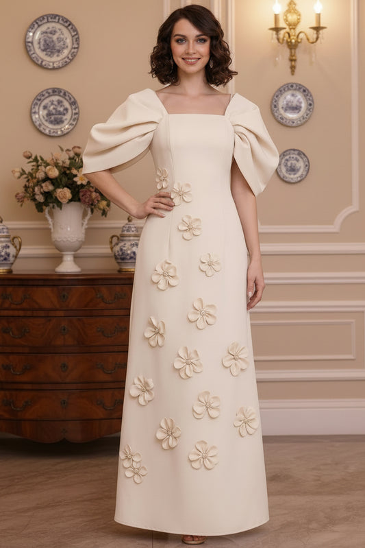 Elegant Champagne A-Line Mother of the Bride Dress with Puff Sleeves & 3D Floral Appliques