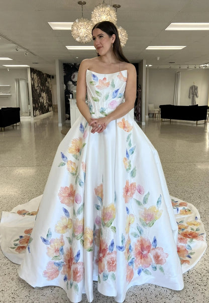 Floral Print Strapless Corset Ball Gown Wedding Dress