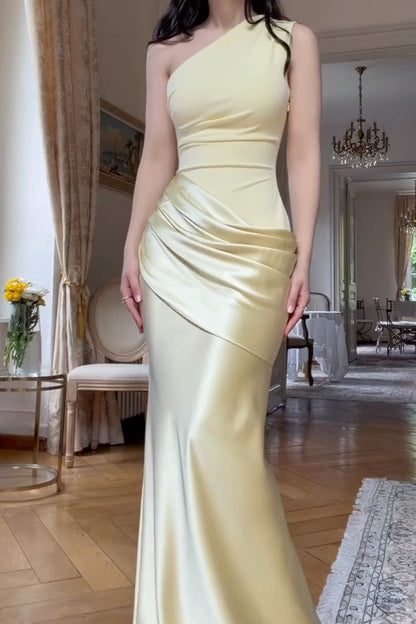 One-Shoulder Draped Satin Floor-Length Gown