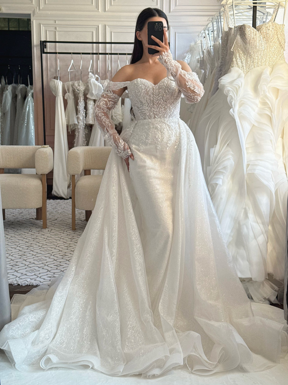 Beaded Sheath Wedding Dress with Overskirt