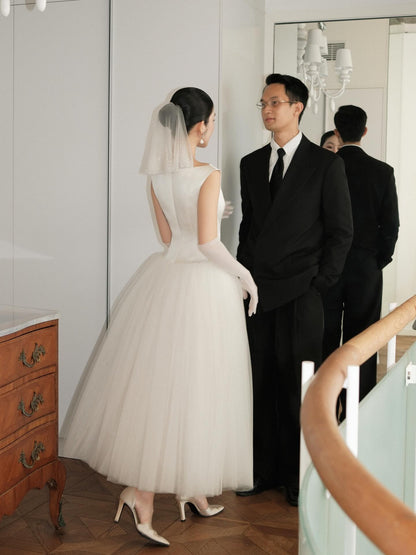 Bateau Neck Satin and Tulle Ball Gown Wedding Dress