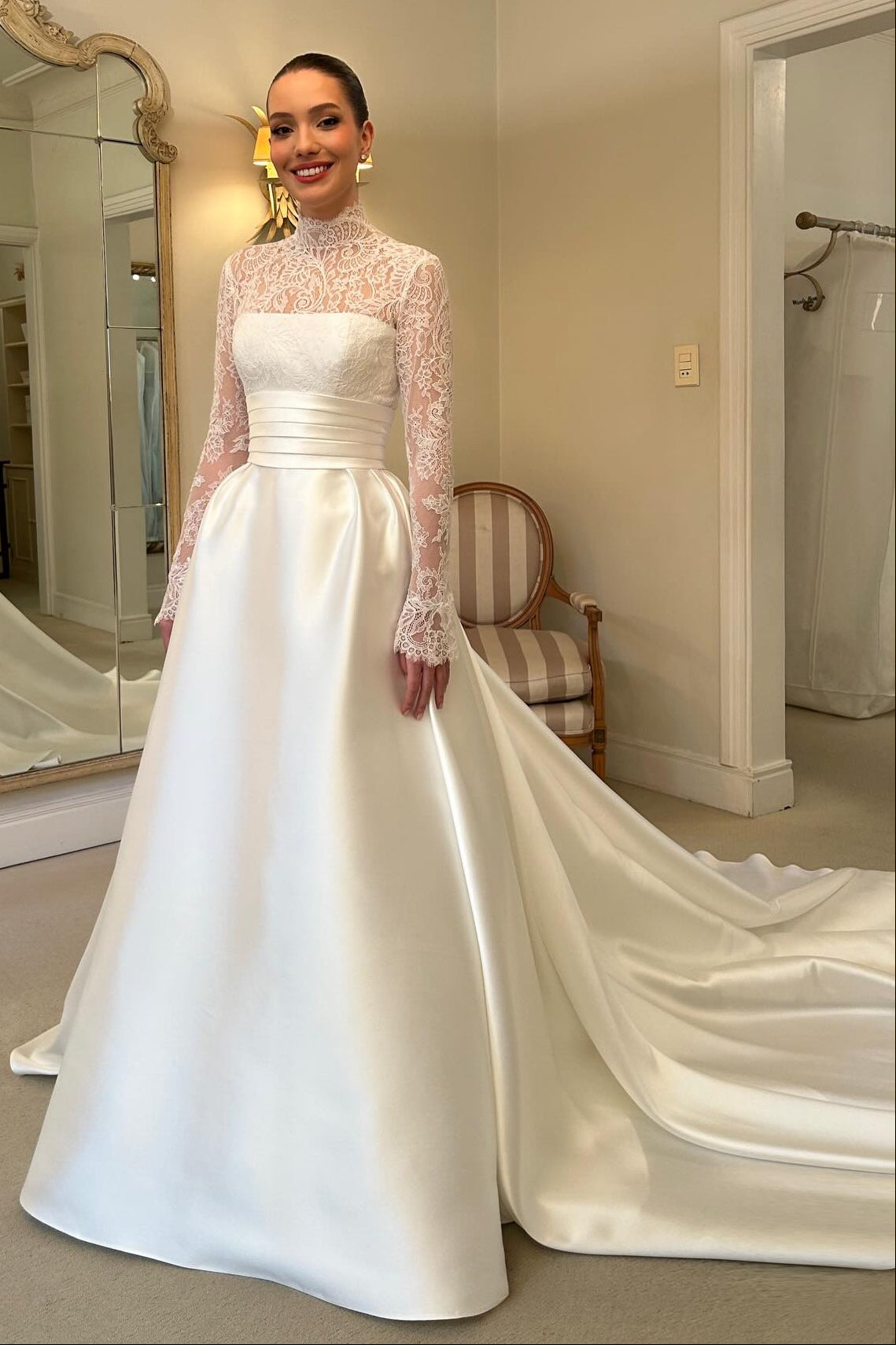 High-Neck Lace and Satin Ball Gown Wedding Dress