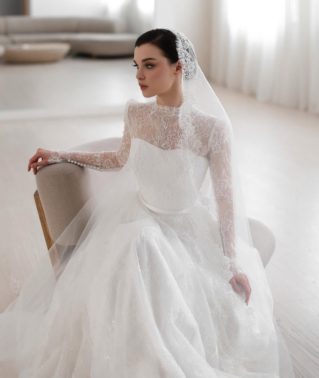 High Neck Lace Sleeve A-Line Wedding Dress