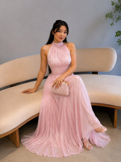 Pleated High Neck Sleeveless Floor-Length Evening Dress