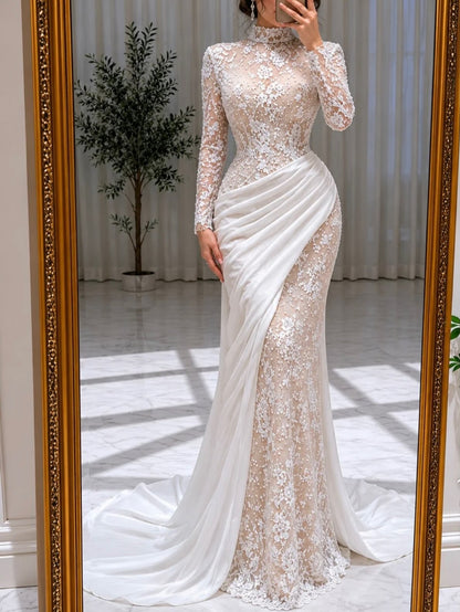 High-Neck Lace Evening Gown with Draped Train