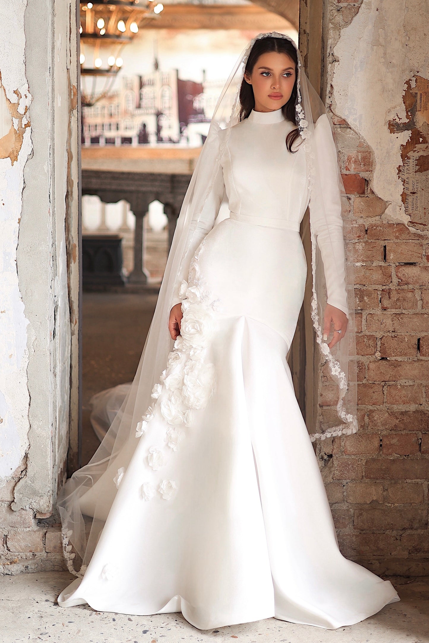 High Neck Mermaid Wedding Dress with 3D Florals