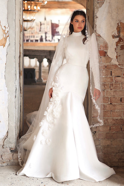 High Neck Mermaid Wedding Dress with 3D Florals