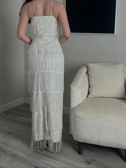 Tiered Fringe Sequin Column Maxi Dress