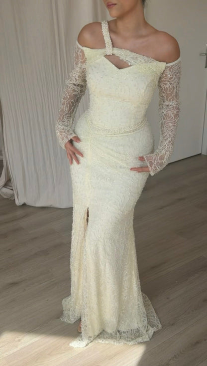 Pearl-Strap Lace Long Sleeve Evening Gown