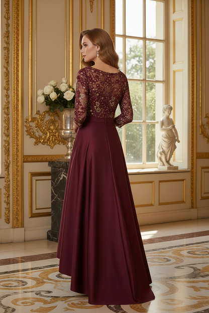 Embroidered Lace 3/4 Sleeve High-Low Evening Dress
