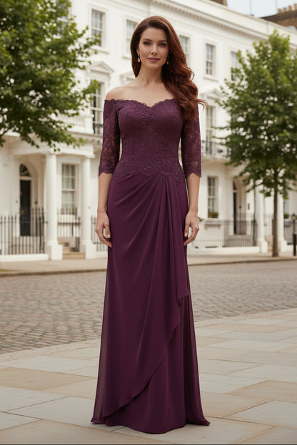 Off-the-Shoulder Lace Gown with Draped Chiffon Skirt