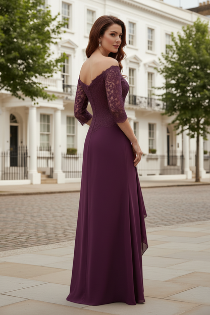 Off-the-Shoulder Lace Gown with Draped Chiffon Skirt