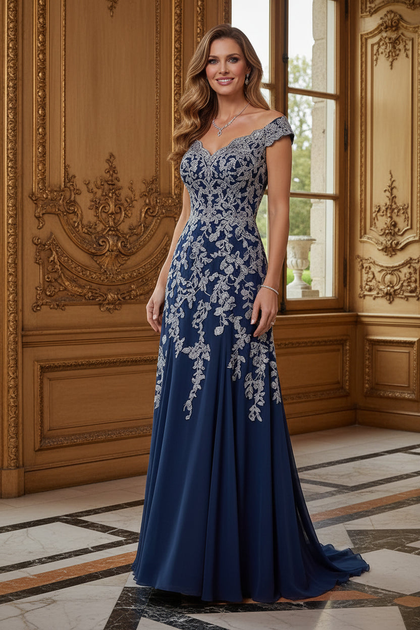 Off-the-Shoulder Lace Applique Formal Gown