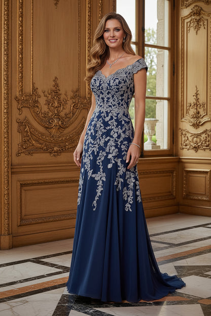 Off-the-Shoulder Lace Applique Formal Gown