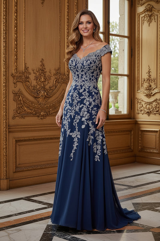 Off-the-Shoulder Lace Applique Formal Gown
