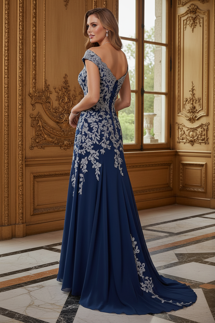 Off-the-Shoulder Lace Applique Formal Gown