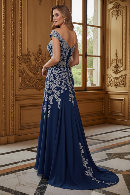 Off-the-Shoulder Lace Applique Formal Gown