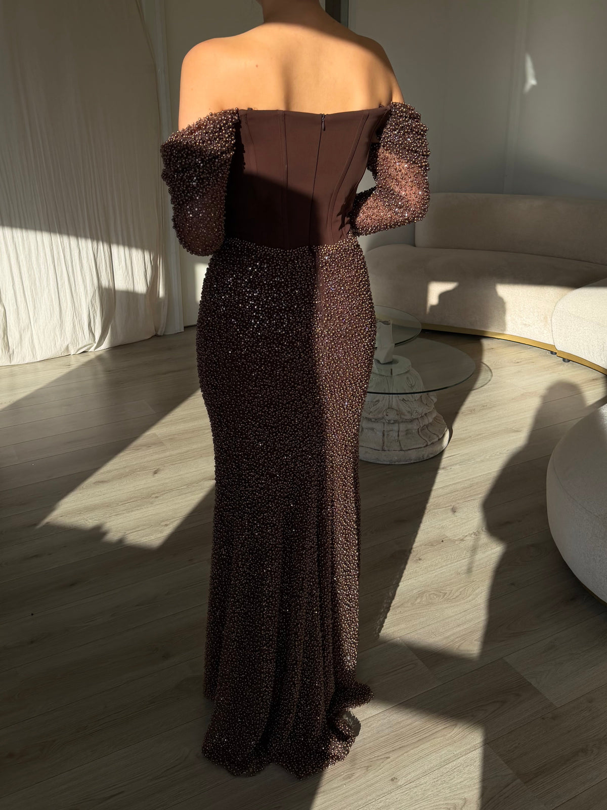 Beaded Corset Off-Shoulder Gown with Long Sleeves
