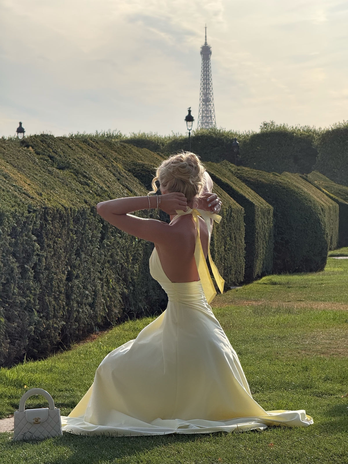 Halter Plunge Open-Back Flared Midi Dress