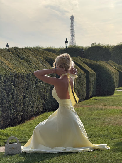 Halter Plunge Open-Back Flared Midi Dress