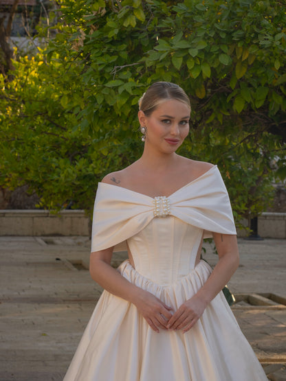 Off-the-Shoulder Satin Ball Gown Wedding Dress
