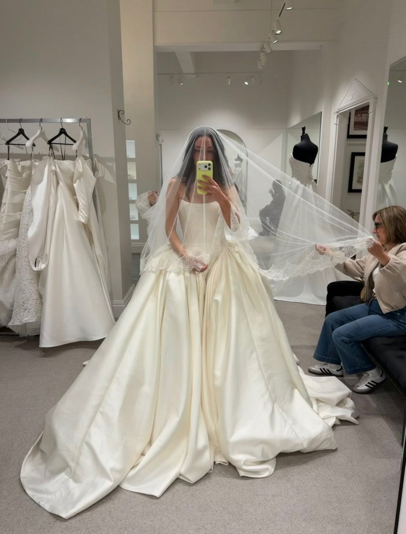Strapless Ball Gown with Pleated Skirt & Lace Veil