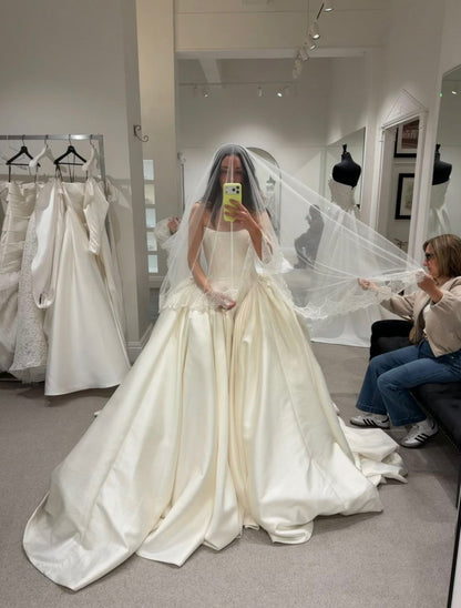 Strapless Ball Gown with Pleated Skirt & Lace Veil