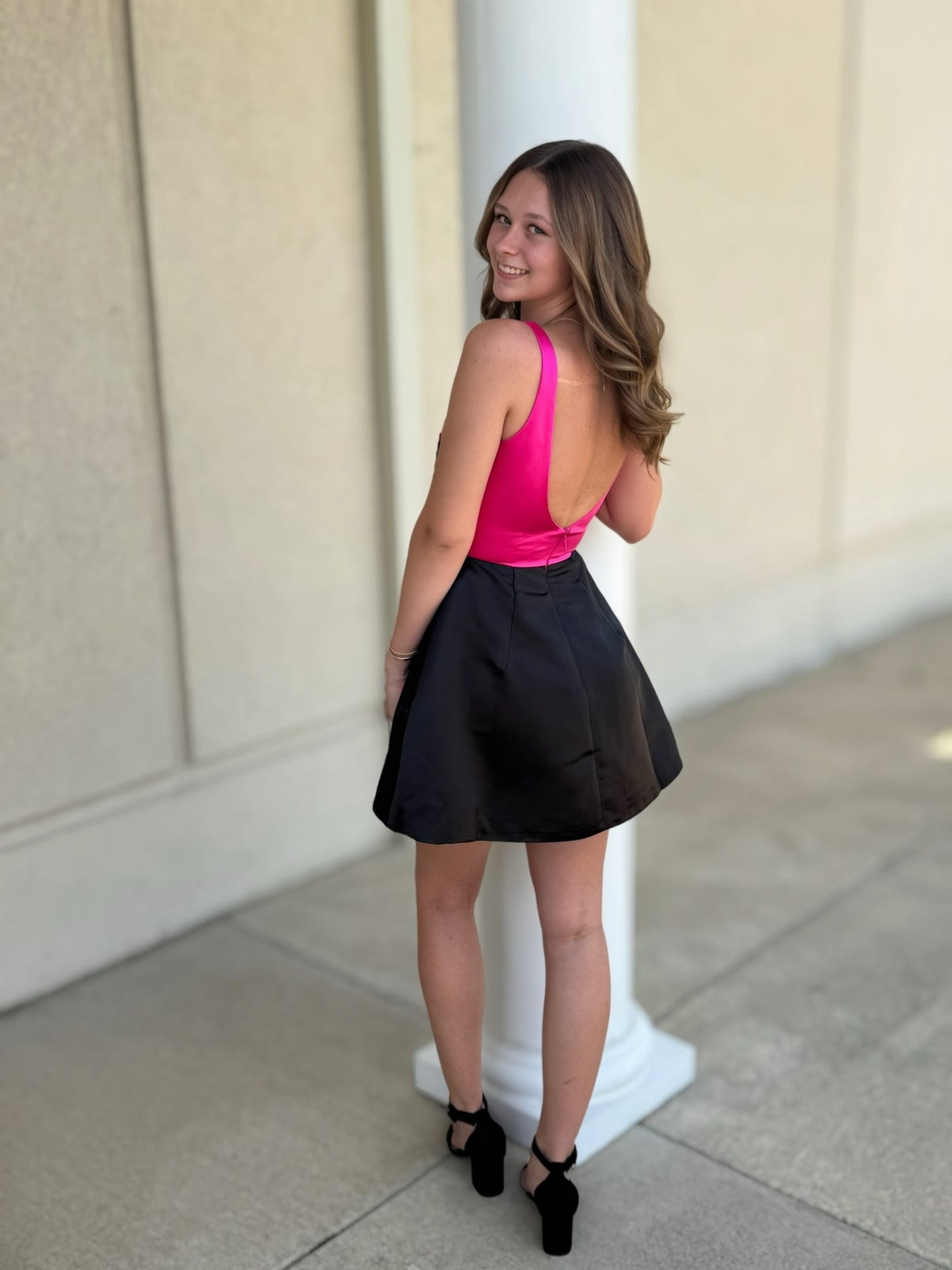 Satin Open Back Mini Dress with Bow Detail