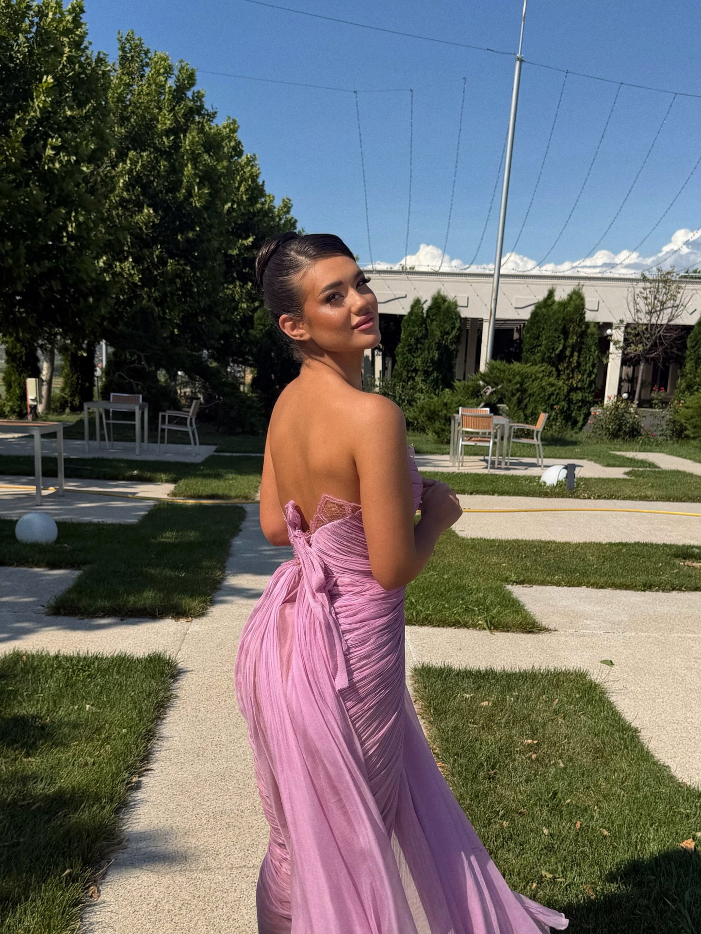 Strapless Pleated Evening Gown with High Slit