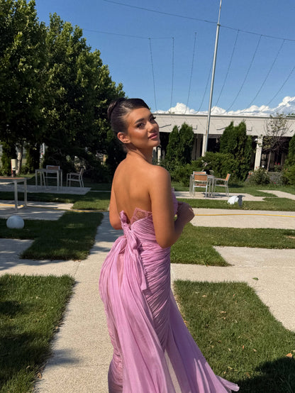 Strapless Pleated Evening Gown with High Slit