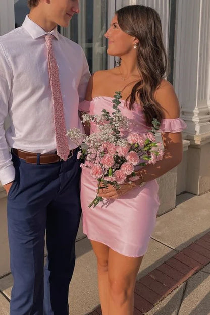 Off-the-Shoulder Ruched Satin Mini Dress
