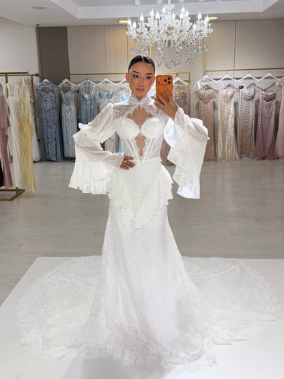 Corset Lace Wedding Dress with Bell Sleeves