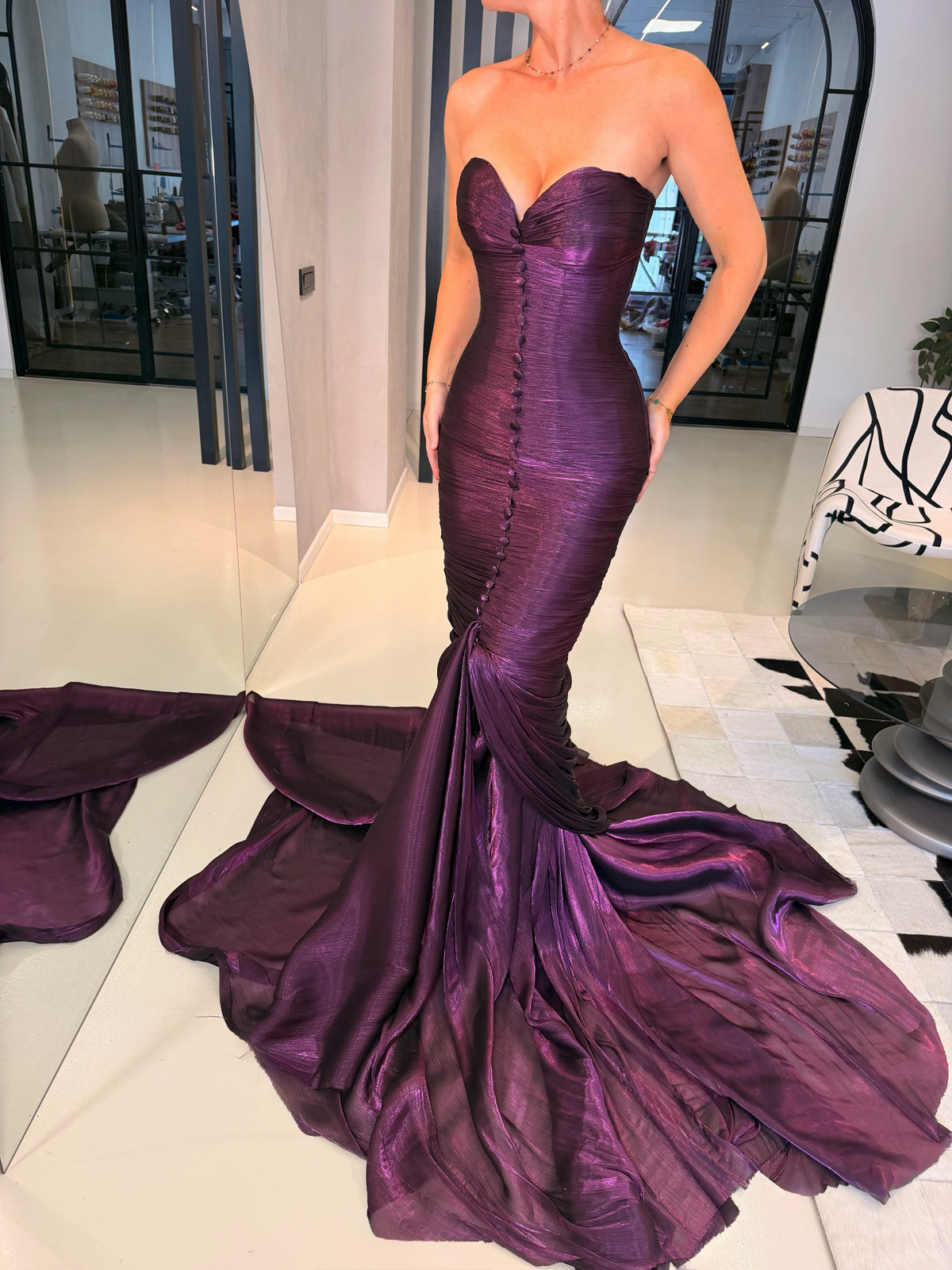 Ruched Mermaid Gown with Covered Buttons