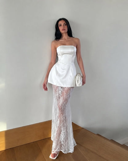 Strapless Satin Peplum Lace Column Gown